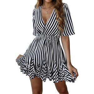 PRETTYGARDEN XL/16 V-neck Short Sleeve Striped Wrap Ruffle Hem Mini Dress